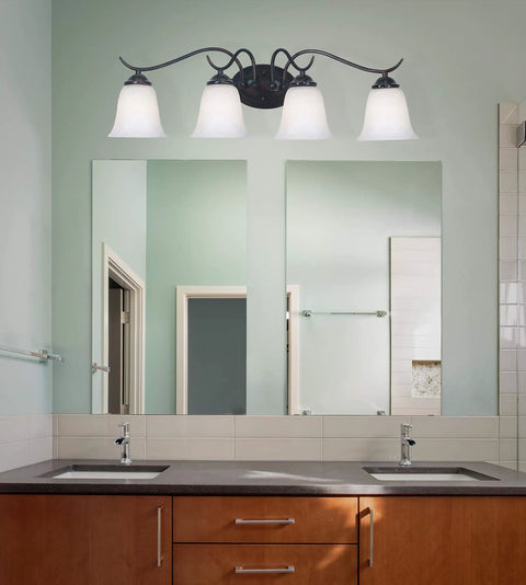 Medusa 4 Light Vanity Light In Oil Rubbed Bronze With Alabaster White Glass Shades, 30 Inch Wide Bathroom Wall Fixture above mirrors
