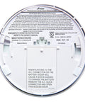 Back view of hardwired smoke detector with 9 volt battery backup, photoelectric sensor, 85 decibel alarm, red LED indicator, battery included.