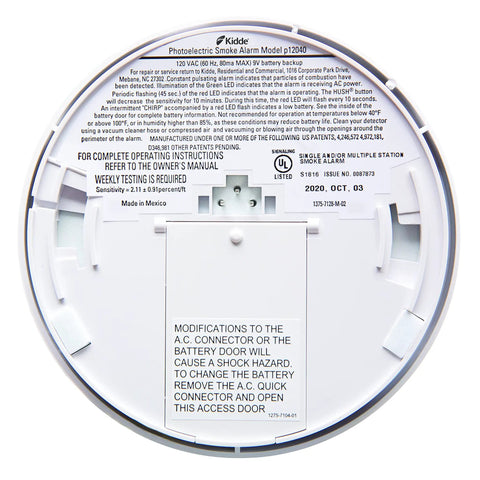 Back view of hardwired smoke detector with 9 volt battery backup, photoelectric sensor, 85 decibel alarm, red LED indicator, battery included.