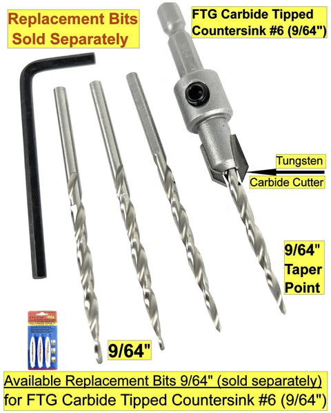 High Performance Tungsten Carbide Tipped Wood Countersink Bit For Number Six Screws with 9/64" replacement bits and TCT material
