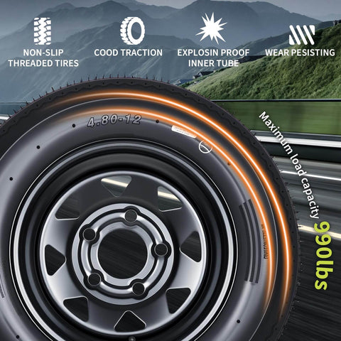 2 Pack Trailer Tire On Rim 4.80-12 480-12 4.80x12 Tires With 5 Lug On 4.5 In PCD And 12 In Wheels Black 6PR showing load capacity