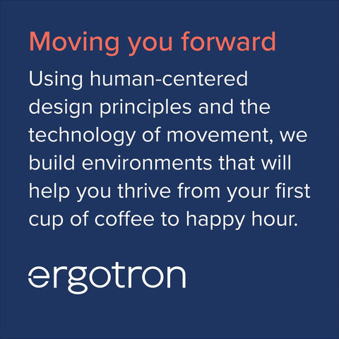 Text graphic promoting human-centered design and movement technology for workspace productivity with ergonometric solutions.