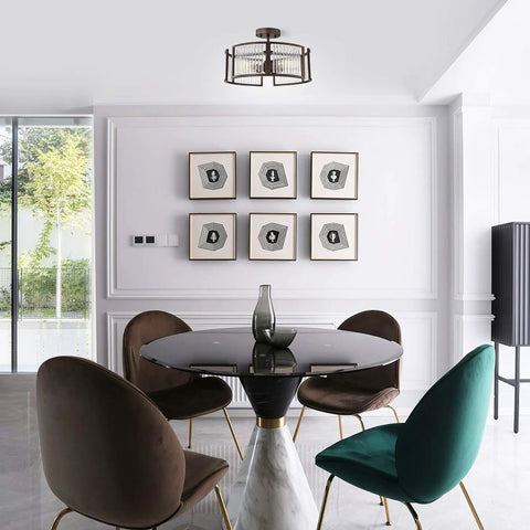 Frey 3 Light Oil Rubbed Bronze Semi Flush Ceiling Fixture With Glass Crystals And Crystal Downlight Transitional Modern Style 16 Inch Wide Hardwired Indoor Lighting in dining room.