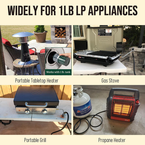 Collage with portable tabletop heater, gas stove, portable grill, and propane heater for 1lb LP appliances.