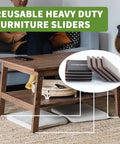 Eight Pack Three And A Half Inch Square Furniture Sliders For Carpet Move Heavy Sofas Tables And Chairs With Ease Safe Floor Protectors Perfect For One Person Rearrange Or Clean Without Scratching shown under table legs on carpet