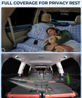 Interior of Ford F-150 with Privacy Window Shade Set, showing sleeping passenger and UV protection for camping in 2021-2025 model.