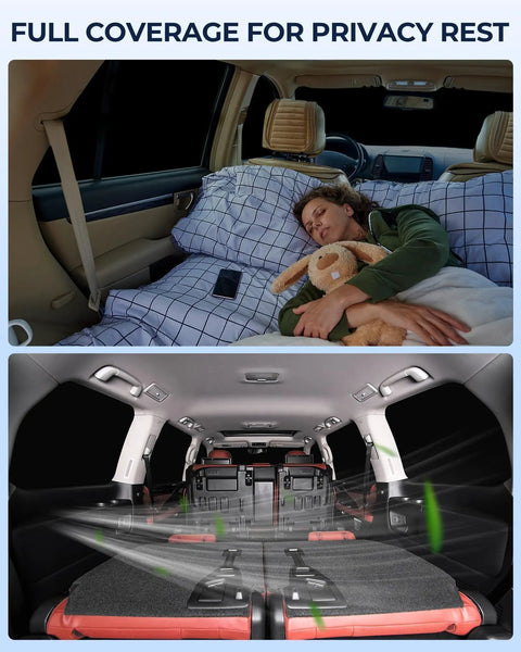 Interior of Ford F-150 with Privacy Window Shade Set, showing sleeping passenger and UV protection for camping in 2021-2025 model.