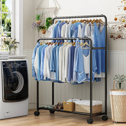 Super Slick Double Tier Garment Rack Built Tough With Heavy Duty Steel Frame And Spacious Bottom Shelf Total Closet Game Changer In Sleek Black Finish Easy Assembly