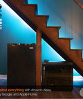 Interior with Colorful ZigBee LED Strip Starter Kit With Tunable White under staircase, highlighting smart lighting effects.