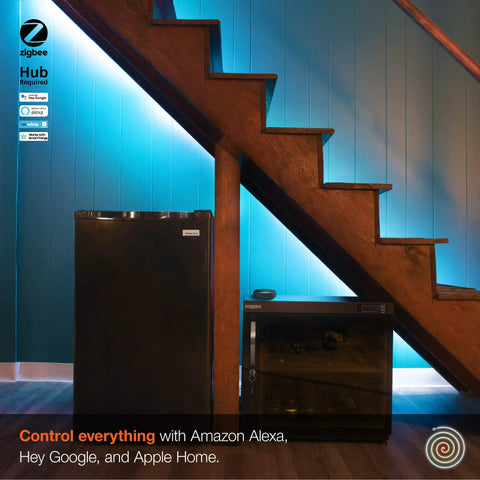 Interior with Colorful ZigBee LED Strip Starter Kit With Tunable White under staircase, highlighting smart lighting effects.