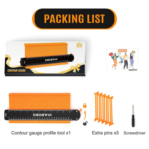 Packing list of 10 Inch Contour Gauge With Lock For Copying Profiles In Woodworking, Flooring, Tile And Trim with extra pins and screwdriver