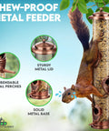 Outdoor Bird Feeder With Locking Lid And Chew Proof Metal Copper Finish, Six Port Hanging Feeder With squirrel climbing