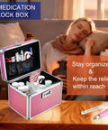 Pink Three Digit Combination Lock Box For Medication And Valuables Portable Locking Storage Case Ten By Seven By Nine Inches open on table