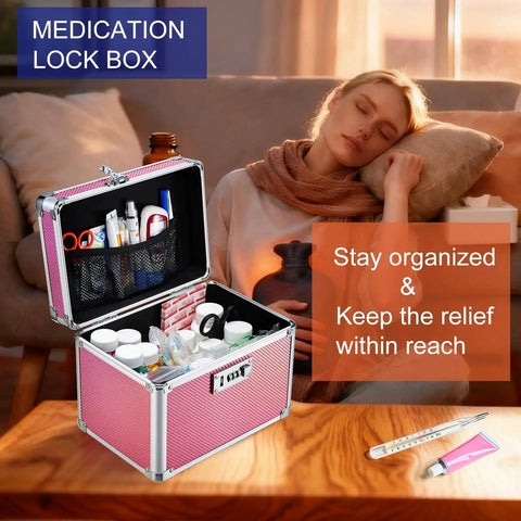 Pink Three Digit Combination Lock Box For Medication And Valuables Portable Locking Storage Case Ten By Seven By Nine Inches open on table