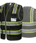 Heavy Duty Reflective Mesh Safety Vest For Men In Black With Nine Roomy Pockets And Bright High Visibility Markers For Construction Job Sites, front and back view.
