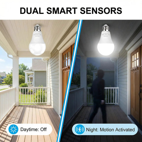 Motion Sensor LED Light Bulbs 12W 100W Equivalent Daylight 5000K 4 Pack With Dusk To Dawn Auto On Off Detects Motion Up To 20 Feet Turns Off After 30 Seconds Super Easy Install Great For Hallways Closets Porches.