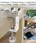 Built Tough Mini Drill Press Vise And C Clamp Desktop Mount On Table Edge, showcasing aluminum body and grip for various crafts and repairs.