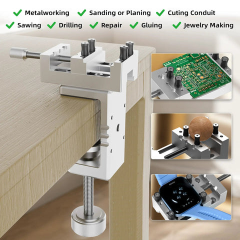 Built Tough Mini Drill Press Vise And C Clamp Desktop Mount On Table Edge, showcasing aluminum body and grip for various crafts and repairs.