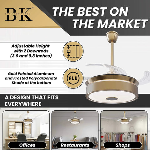 Gold Dope Retractable 42 Inch Ceiling Fan With Remote Control Bluetooth Speaker And Smart Home Compatibility, office installation.