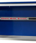 Beast Mode Fully Assembled Work Station Hutch Fifty Five Inches Wide with blue cabinet, power strip, and stainless steel work surface.
