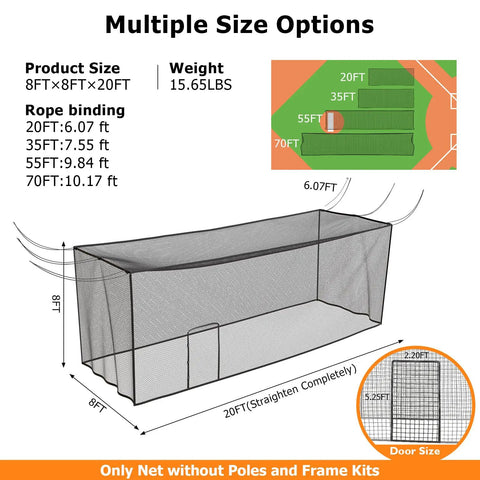 Diagram showing dimensions of Batting Cage Net For Baseball And Softball, Heavy Duty UV Stabilized HDPE, with size options 8x8x20 ft