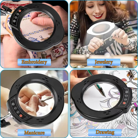 Dope 15X Magnifying Glass Desk Lamp With Metal Base used for embroidery, jewelry crafting, manicure, and drawing tasks.