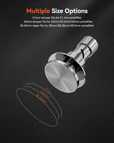 Hella Reliable Espresso Tamper For 53.3mm Portafilters featuring size options for 51mm, 53.3mm, and 58.35mm baskets.