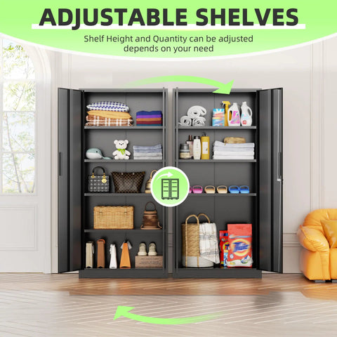 Black 72 Inch Tall Locking Steel Cabinet With Two Doors And Four Adjustable Shelves full of organized items in a living room