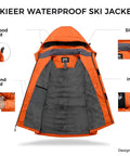 Men's Waterproof Ski Jacket With Fleece Liner, Rainproof Warm Snow Coat, 10,000mm Waterproof Rating, Orange Large, Features Detailed