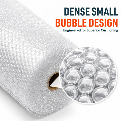 Roll of 2 Pack Bubble Roll Wrap 100 Ft By 12 In Clear With Three Sixteenth Inch Small Bubbles Dense Cushioning, close-up of bubble texture