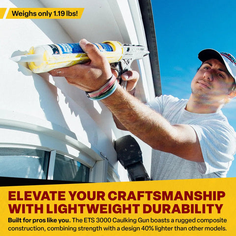 Person using ETS3000 18 To 1 Caulk Gun Heavy Duty Pro Builder Grade for 10oz cartridges on exterior window frame