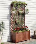 Raised Garden Bed With Trellis For Veggies And Climbing Plants, Durable Natural Wood Planter Box With Drainage Holes against wall.