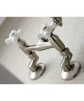 Old School Vintage Style Wall Mount Kitchen Faucet In Brushed Nickel with Swivel Victorian Spout, adjustable details shown