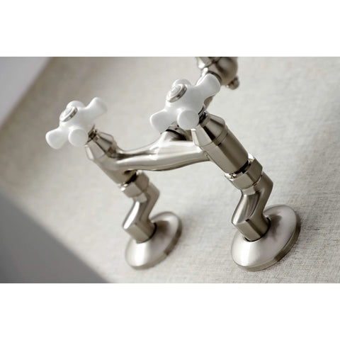 Old School Vintage Style Wall Mount Kitchen Faucet In Brushed Nickel with Swivel Victorian Spout, adjustable details shown