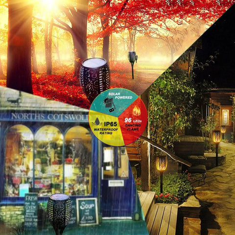 Collage of Two Pack 33 Inch Solar Tiki Torches With 96 LED Flickering Flame Waterproof Outdoor Lights for various settings
