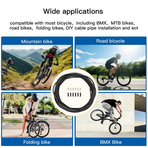 Image showing uses of the Rugged 4mm Lined Shift Cable Housing Kit For Mountain And Road Bikes; compatible with BMX, MTB, and folding bikes.