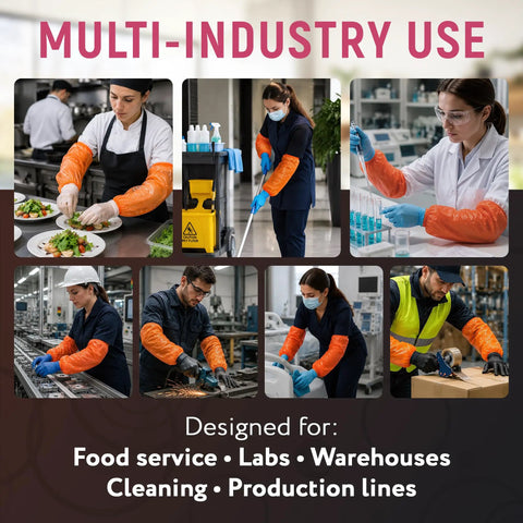 Orange 18 Inch Disposable Arm Sleeves Waterproof Polyethylene Covers With Elastic Ends For Food Processing Cleaning Packaging And Warehouse Use Pack Of 2000 shown in food service, labs, warehouses