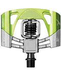 Mallet 2 MTB Pedals Raw And Green With Clip In System, showing four sided entry design and adjustable float and release.