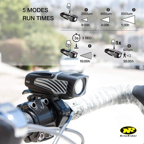 Lumina Micro 850 Front Bike Light USB Rechargeable LED Water Resistant mounted on handlebars with mode details.
