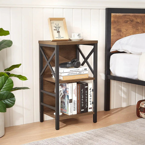 Three Tier Industrial Bookcase With Metal Frame And Backboard In Rustic Brown, A Space Saving Dope Storage Solution For Small Spaces