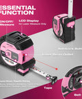 Two In One Laser Tape Measure With 215 Ft Laser Range And 16 Ft Manual Tape, Clear Laser Distance Readout On Screen, Post Datum Mode For Starting Measurements, Durable Ergonomic Grip, Pro Grade Tool For DIY Builders And Pros, pink and black body with LCD, tape blade, belt clip