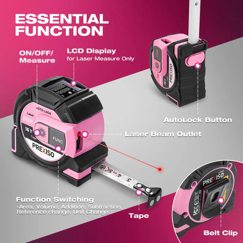 Two In One Laser Tape Measure With 215 Ft Laser Range And 16 Ft Manual Tape, Clear Laser Distance Readout On Screen, Post Datum Mode For Starting Measurements, Durable Ergonomic Grip, Pro Grade Tool For DIY Builders And Pros, pink and black body with LCD, tape blade, belt clip