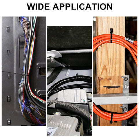 Heavy Duty 40 Pack Push Mount Zip Ties Snap in Nylon Cable Clips for Automotive Wire Harness Management securing various cables in automotive and home settings.