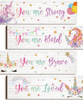 Unicorn Wall Decor Set For Girls Room Rainbow Wall Art Four Piece Bundle with motivational quotes on each panel