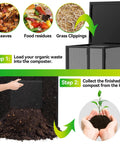 Instructional image showing the use of Heavy Duty 2 In 1 Outdoor Compost Bin With Lid for organic waste, featuring perforated panels.