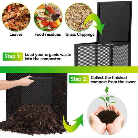 Instructional image showing the use of Heavy Duty 2 In 1 Outdoor Compost Bin With Lid for organic waste, featuring perforated panels.