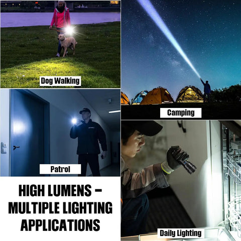 Collage showing Ultra Bright USB Rechargeable LED Flashlight 2 Pack With High Lumen Performance in use for dog walking, camping, patrol, and daily tasks.