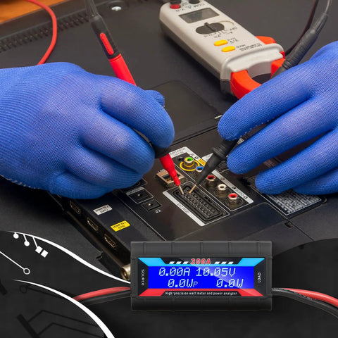 Hands using Two Pack 200A High Precision Watt Meter Power Analyzer And Battery Consumption Monitor with backlit LCD display