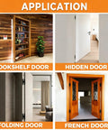 Six Inch Hidden Door Hinges Rock Solid Zinc Alloy Concealed Hardware shown for bookshelf, hidden, folding, and French door applications.