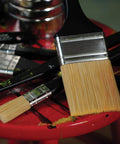 Freestyle Large Scale Broad Flat Brush for Varnishing and Wide Strokes, 4 inch head, short handle on red table, pro grade tool